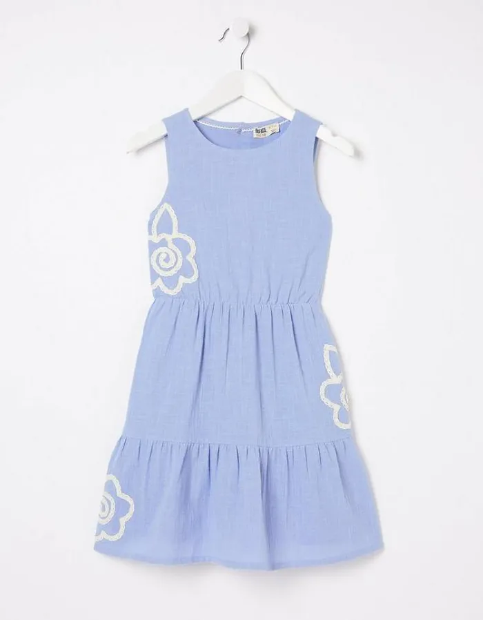 Kids FatFace Dresses and Skirts Embroidered Tiered Dress Washed Blue