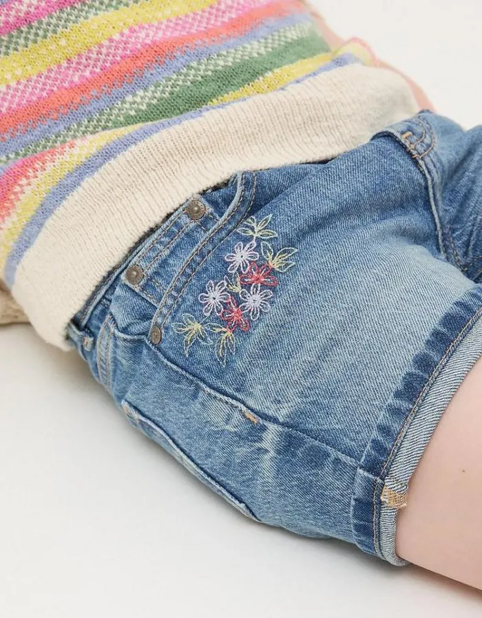 Kids FatFace Shorts Floral Denim Shorts Denim Blue