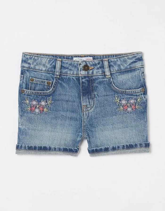 Kids FatFace Shorts Floral Denim Shorts Denim Blue