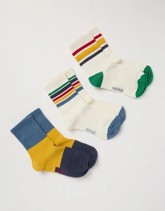 Kids FatFace Socks 3 Pack Stripe Sport Socks Multi