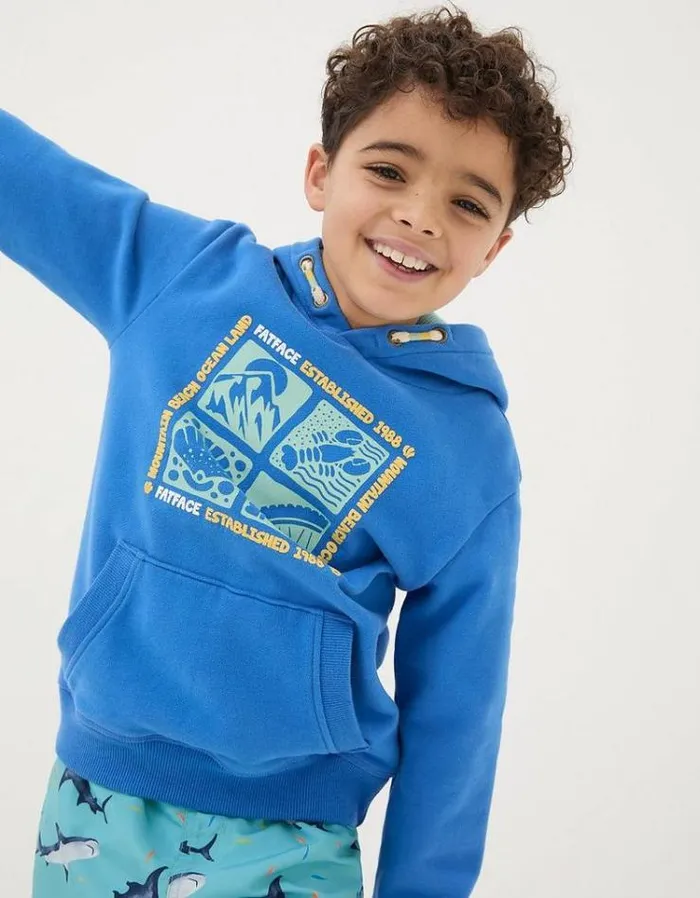 Kids FatFace Sweatshirts and Hoodies Mountain Ocean Popover Hoodie Bright Blue