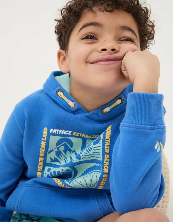Kids FatFace Sweatshirts and Hoodies Mountain Ocean Popover Hoodie Bright Blue