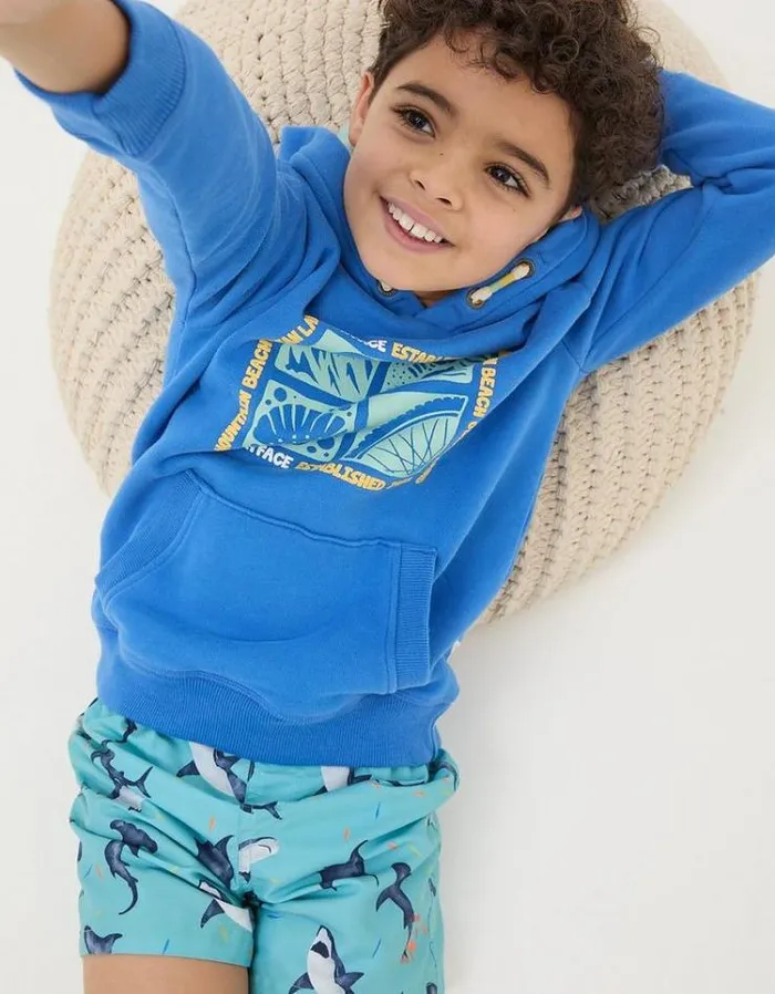 Kids FatFace Sweatshirts and Hoodies Mountain Ocean Popover Hoodie Bright Blue