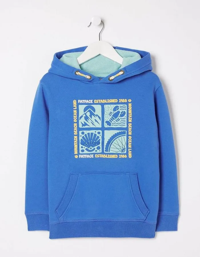 Kids FatFace Sweatshirts and Hoodies Mountain Ocean Popover Hoodie Bright Blue