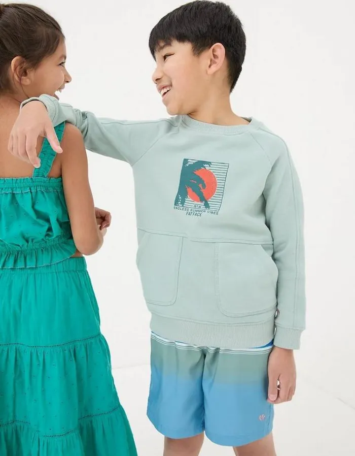 Kids FatFace Sweatshirts and Hoodies Surf Graphic Crew Sweatshirt Sage Green