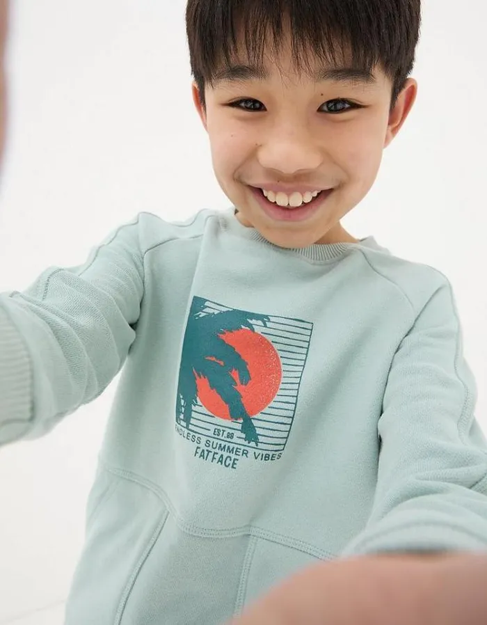 Kids FatFace Sweatshirts and Hoodies Surf Graphic Crew Sweatshirt Sage Green
