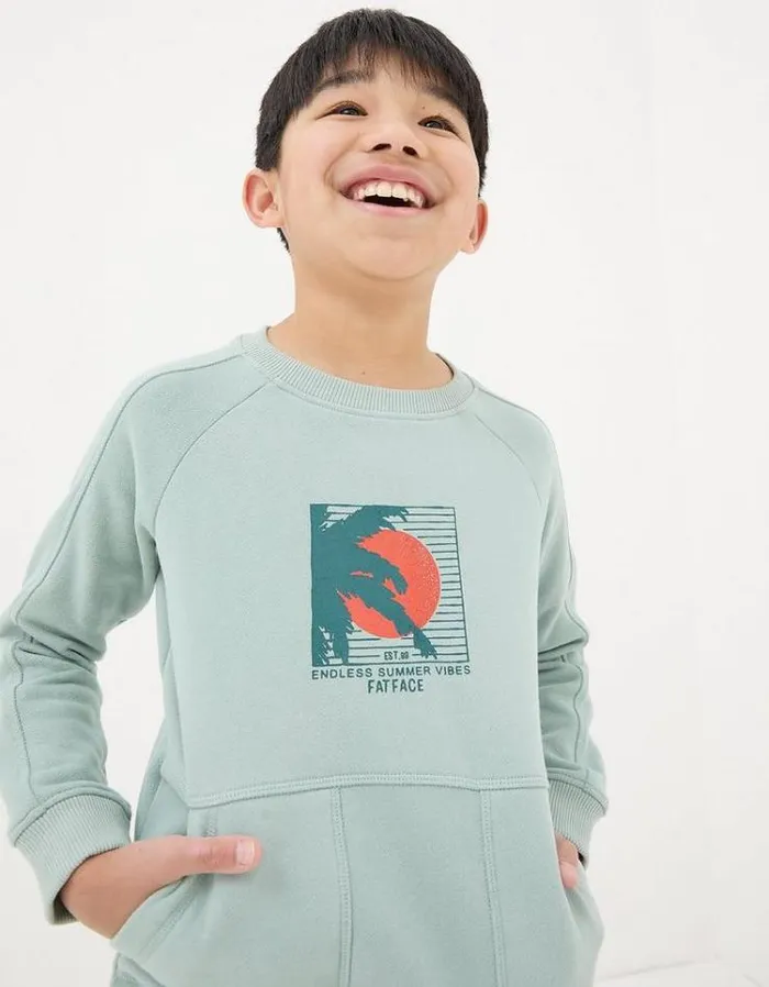 Kids FatFace Sweatshirts and Hoodies Surf Graphic Crew Sweatshirt Sage Green