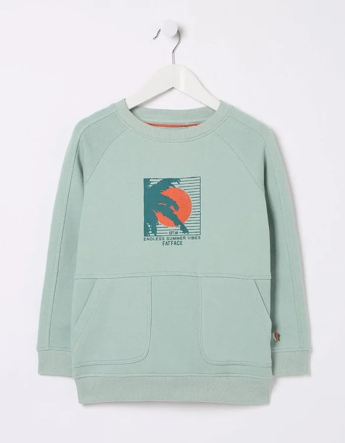 Kids FatFace Sweatshirts and Hoodies Surf Graphic Crew Sweatshirt Sage Green