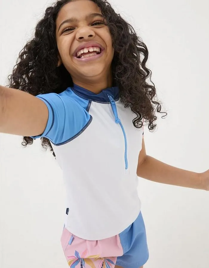 Kids FatFace Swimwear Colorblock Rash Vest Ivory