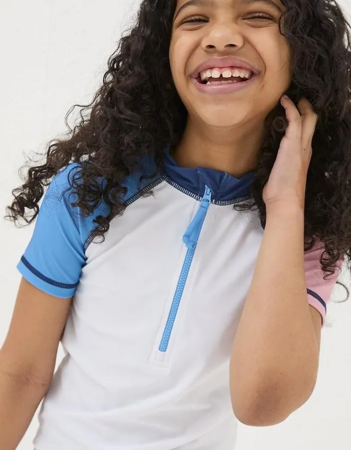 Kids FatFace Swimwear Colorblock Rash Vest Ivory