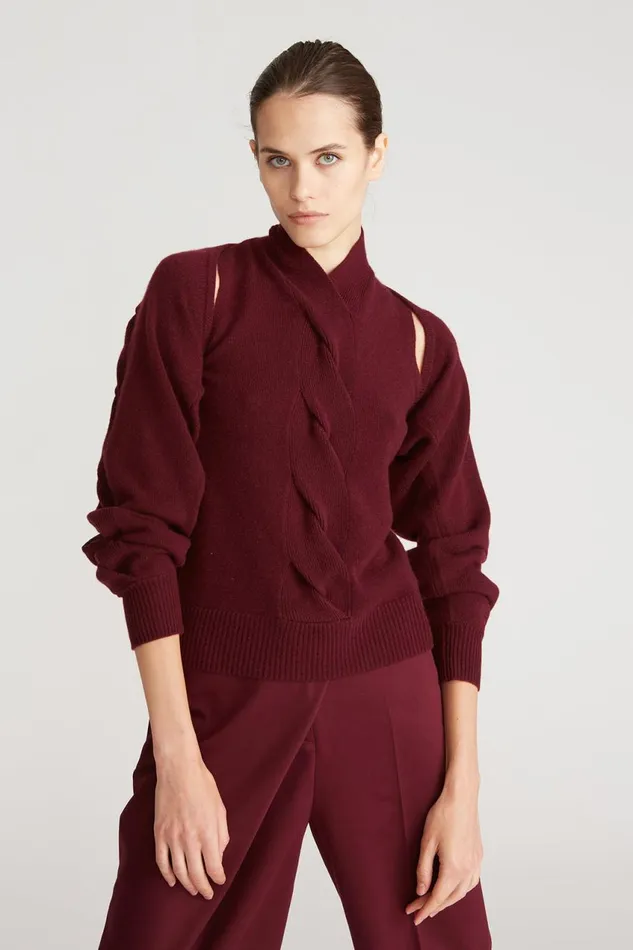 Knitwear Women Halston Auden Wool Cash Cable Shrug Merlot