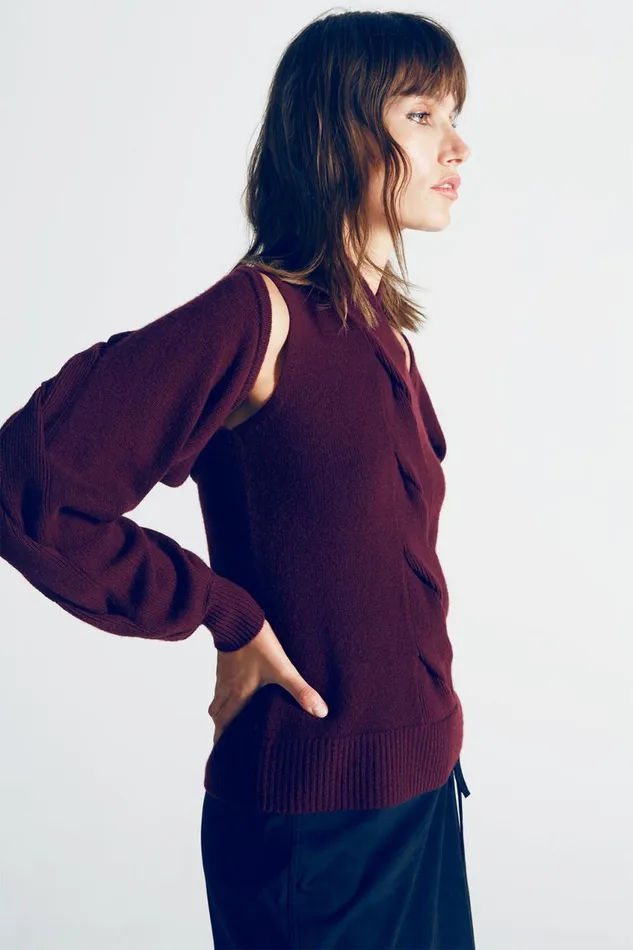 Knitwear Women Halston Auden Wool Cash Cable Shrug Merlot
