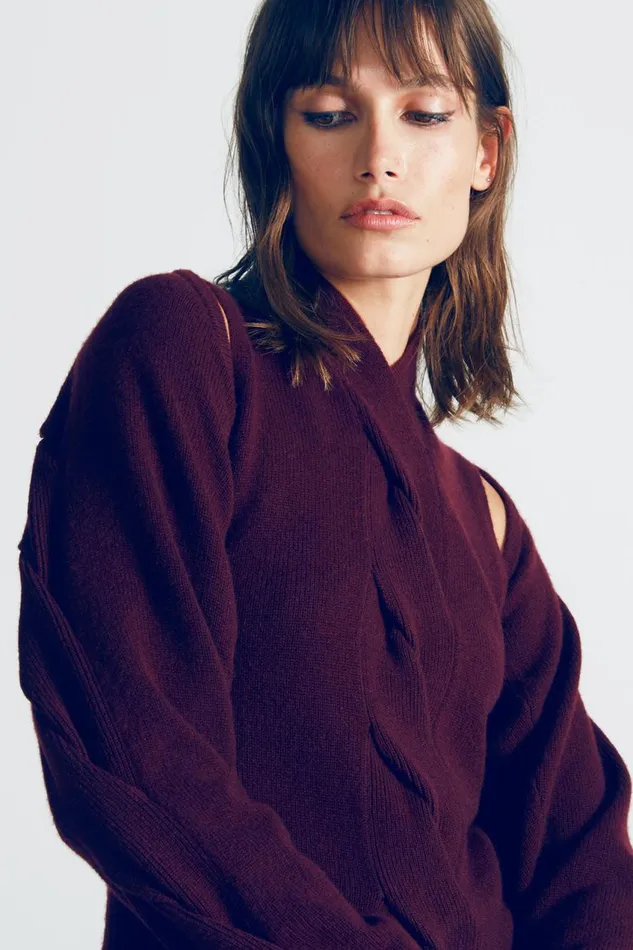 Knitwear Women Halston Fay Wool Cash Cable Sweater Merlot