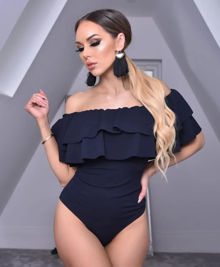 Kyla Navy Double Frill Bardot Bodysuit Women Missfiga Bodysuits