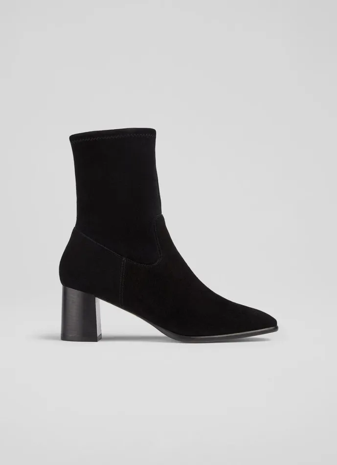 LKBennett Boots Women Harp Black Leather Block Heel Stretch Ankle Boot