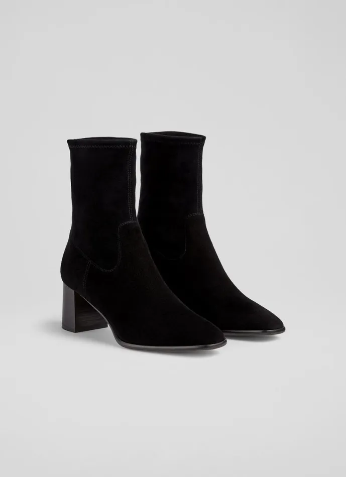 LKBennett Boots Women Harp Black Leather Block Heel Stretch Ankle Boot