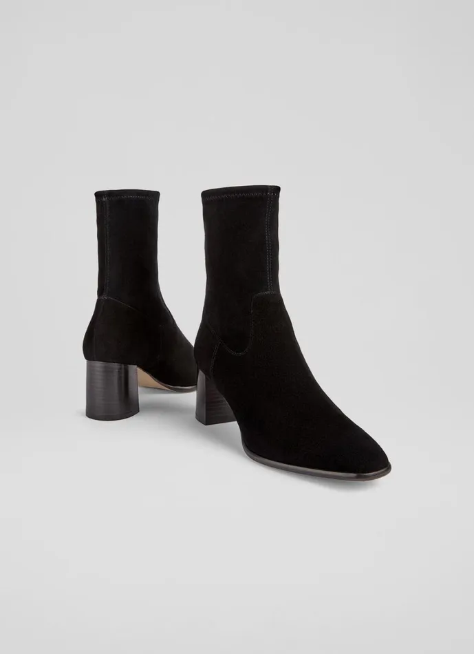 LKBennett Boots Women Harp Black Leather Block Heel Stretch Ankle Boot