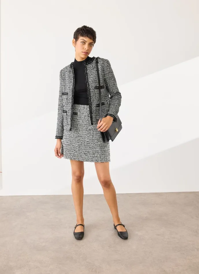 LKBennett Coats and Jackets Women Charlie Black and Ivory Tweed and Trim Jacket LKBennett Coats and Jackets Women Charlie Black and Ivory Tweed and Trim Jacket