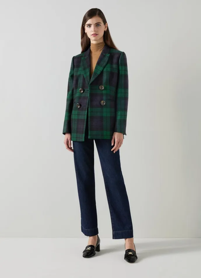 LKBennett Coats and Jackets Women Mariner Navy and Green Blackwatch Tartan Tailored Jacket