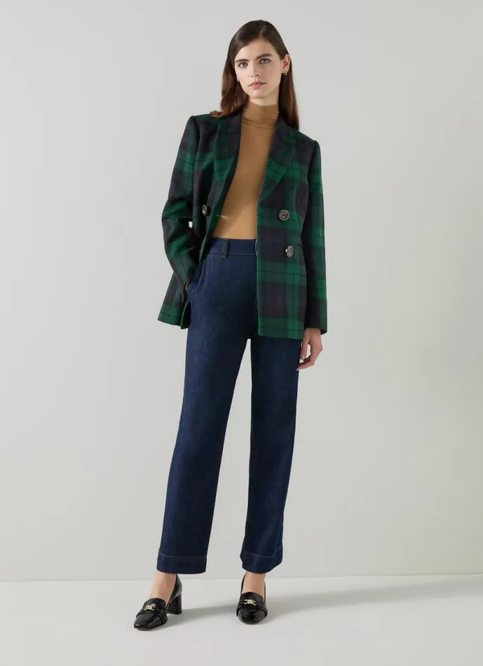 LKBennett Coats and Jackets Women Mariner Navy and Green Blackwatch Tartan Tailored Jacket