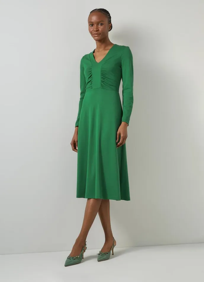 LKBennett Dresses Women Lacey Verdant Green Gathered Bust LENZING ECOVERO Viscose Midi Dress