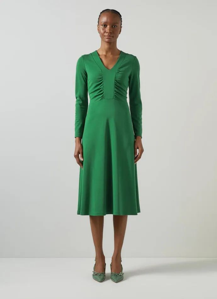 LKBennett Dresses Women Lacey Verdant Green Gathered Bust LENZING ECOVERO Viscose Midi Dress