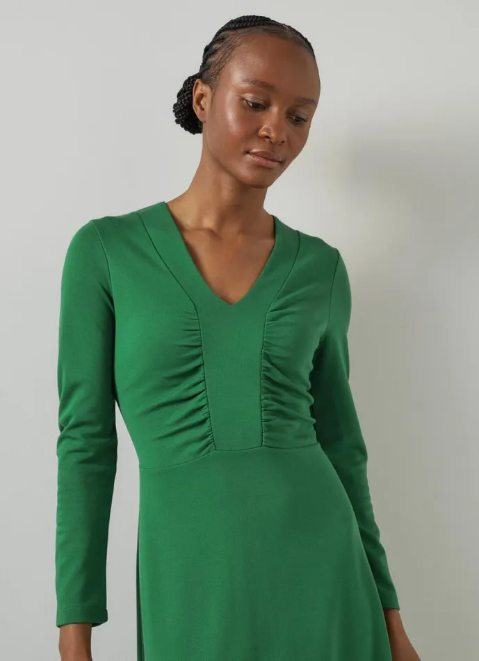 LKBennett Dresses Women Lacey Verdant Green Gathered Bust LENZING ECOVERO Viscose Midi Dress