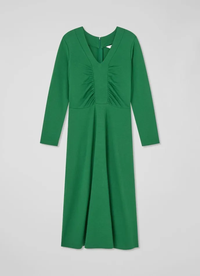 LKBennett Dresses Women Lacey Verdant Green Gathered Bust LENZING ECOVERO Viscose Midi Dress