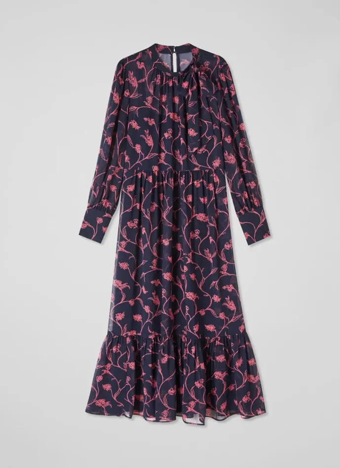 LKBennett Dresses Women Selina Spring Navy and Bright Pink Floral Print Dress LKBennett Dresses Women Selina Spring Navy and Bright Pink Floral Print Dress