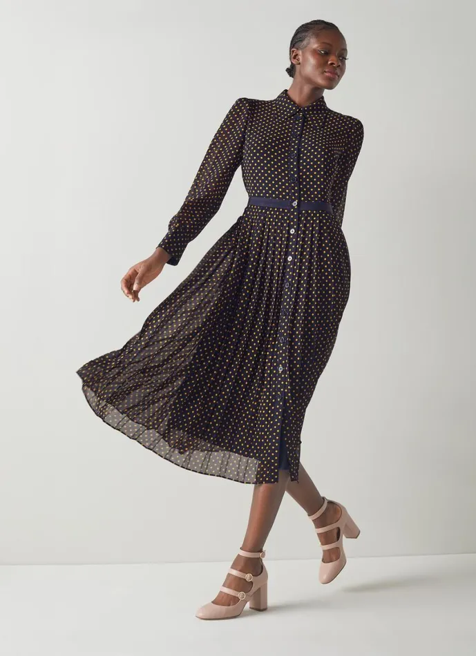 LKBennett Dresses Women Tallis Navy And Yellow Spot Print Pleated Shirt Dress