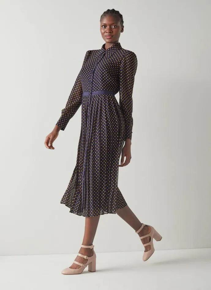 LKBennett Dresses Women Tallis Navy And Yellow Spot Print Pleated Shirt Dress