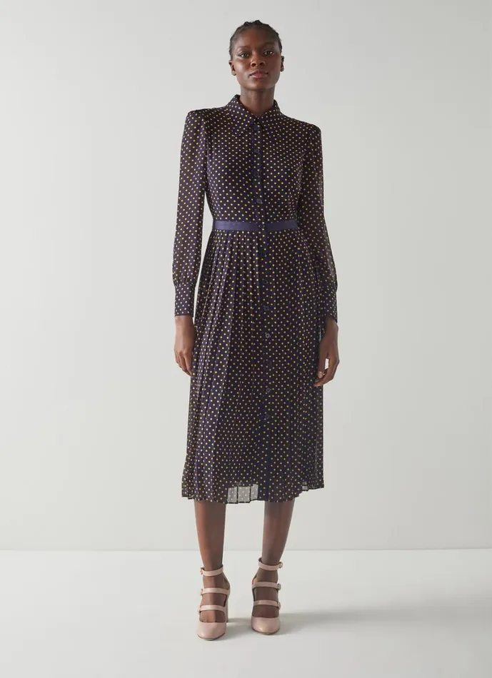 LKBennett Dresses Women Tallis Navy And Yellow Spot Print Pleated Shirt Dress