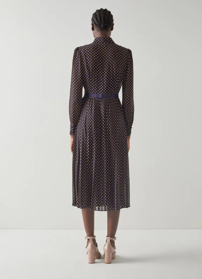 LKBennett Dresses Women Tallis Navy And Yellow Spot Print Pleated Shirt Dress