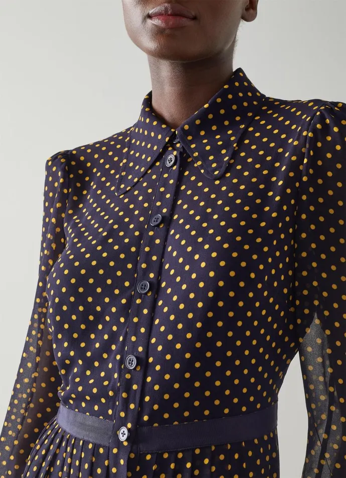 LKBennett Dresses Women Tallis Navy And Yellow Spot Print Pleated Shirt Dress