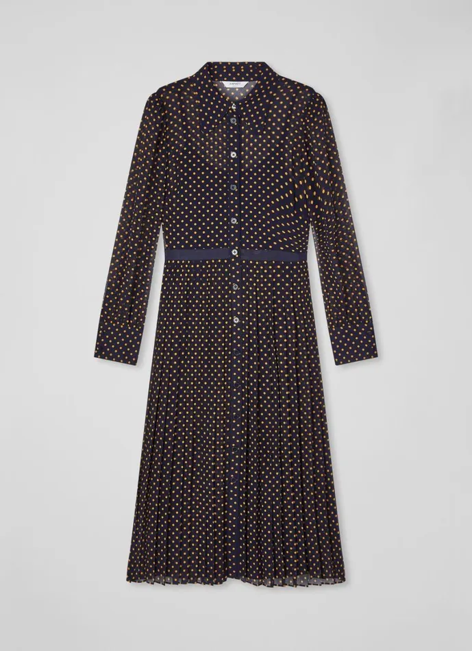 LKBennett Dresses Women Tallis Navy And Yellow Spot Print Pleated Shirt Dress