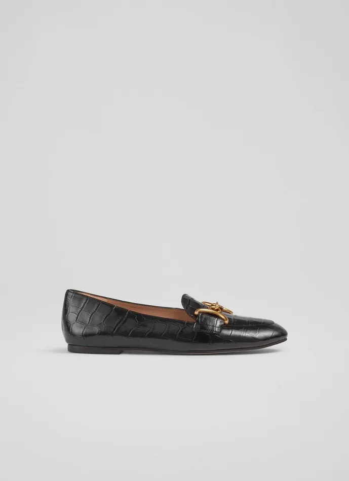 LKBennett Flats Women Daphne Black CrocEffect Leather Loafers