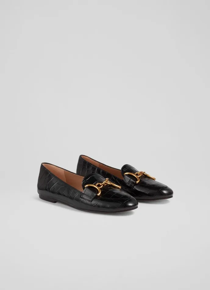 LKBennett Flats Women Daphne Black CrocEffect Leather Loafers