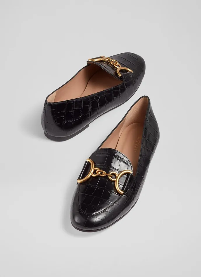 LKBennett Flats Women Daphne Black CrocEffect Leather Loafers