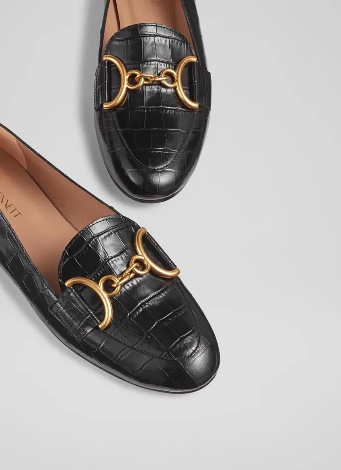 LKBennett Flats Women Daphne Black CrocEffect Leather Loafers