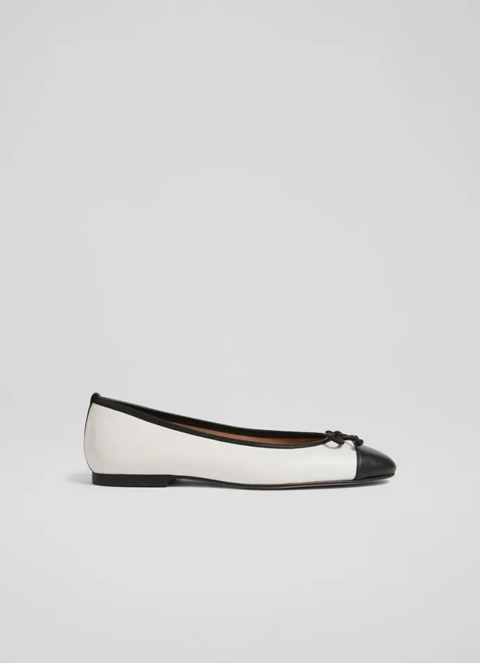 LKBennett Flats Women Kara White And Black Leather Toe Cap Ballet Flats LKBennett Flats Women Kara White And Black Leather Toe Cap Ballet Flats
