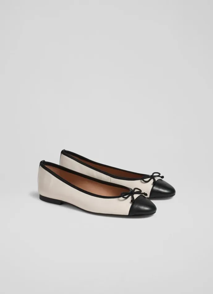 LKBennett Flats Women Kara White And Black Leather Toe Cap Ballet Flats LKBennett Flats Women Kara White And Black Leather Toe Cap Ballet Flats