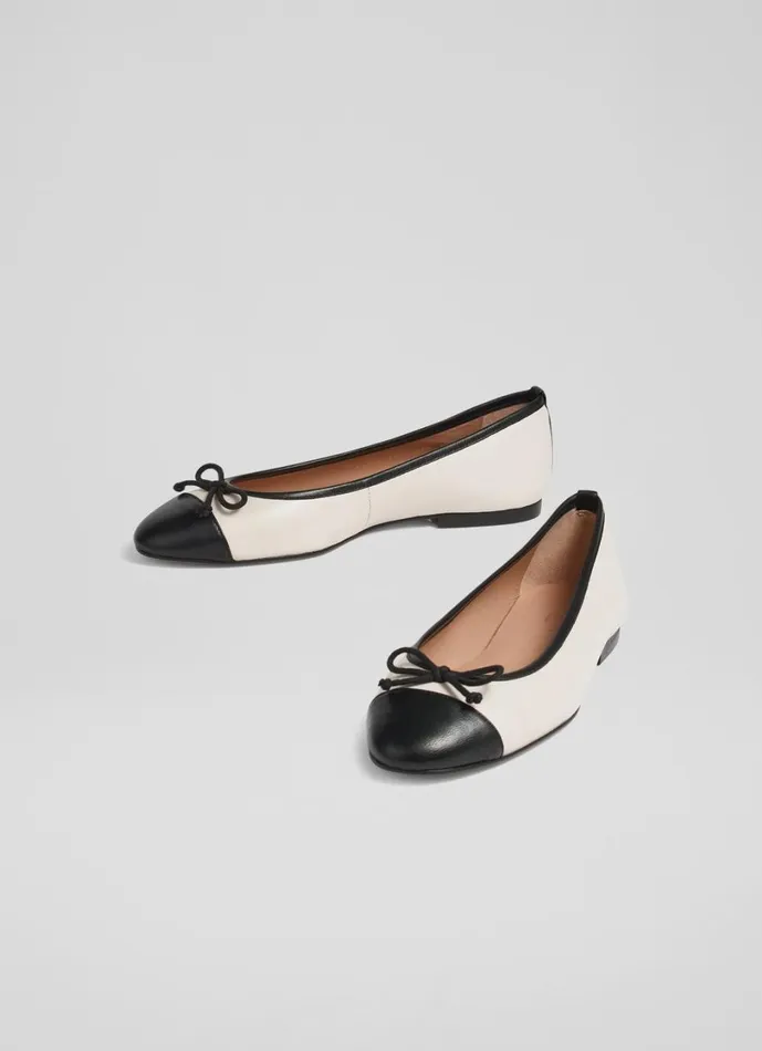 LKBennett Flats Women Kara White And Black Leather Toe Cap Ballet Flats LKBennett Flats Women Kara White And Black Leather Toe Cap Ballet Flats