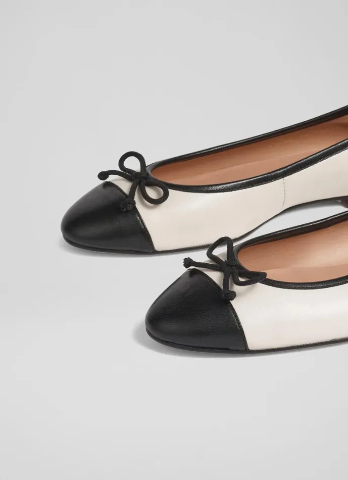 LKBennett Flats Women Kara White And Black Leather Toe Cap Ballet Flats LKBennett Flats Women Kara White And Black Leather Toe Cap Ballet Flats