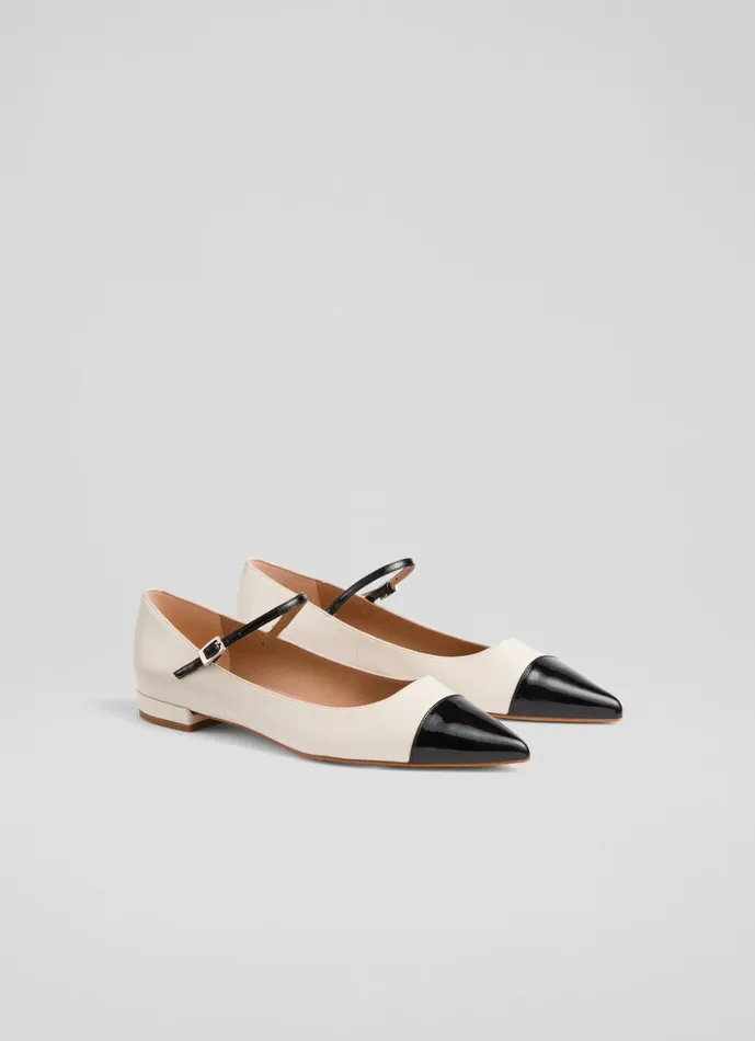 LKBennett Flats Women Monty Cream And Black Leather Mary Jane Pumps LKBennett Flats Women Monty Cream And Black Leather Mary Jane Pumps