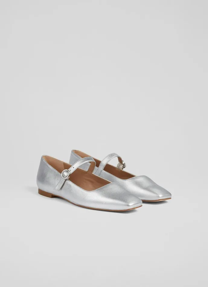 LKBennett Flats Women Willow Silver Leather Mary Jane Flats LKBennett Flats Women Willow Silver Leather Mary Jane Flats
