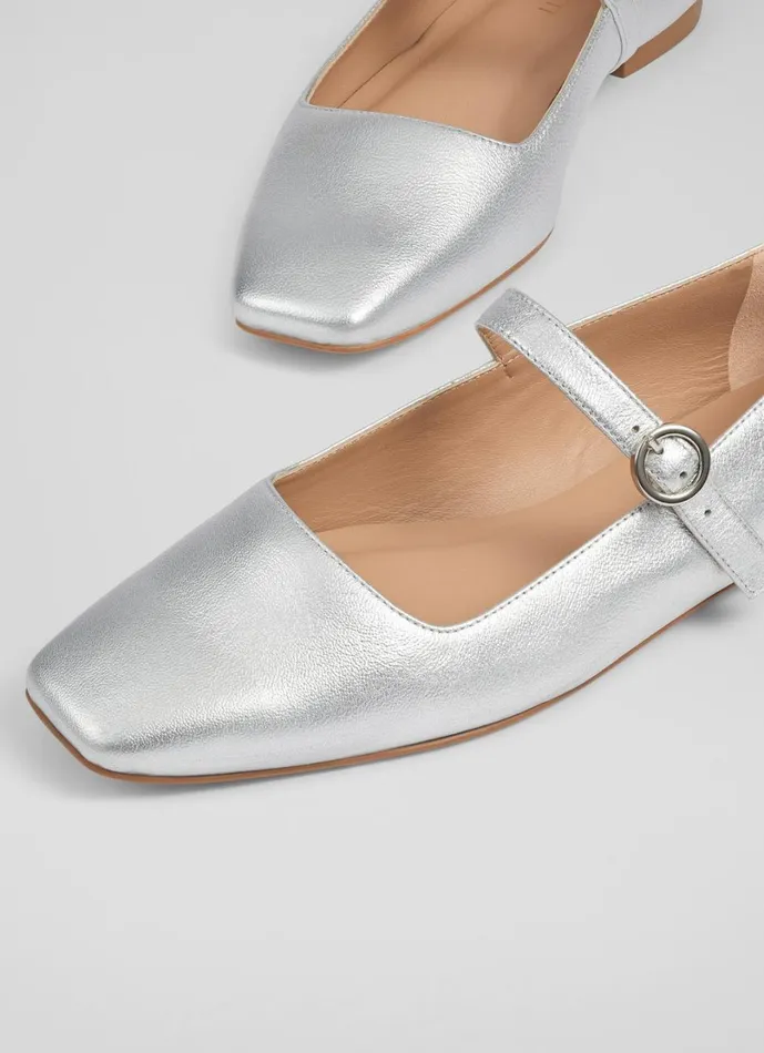 LKBennett Flats Women Willow Silver Leather Mary Jane Flats LKBennett Flats Women Willow Silver Leather Mary Jane Flats