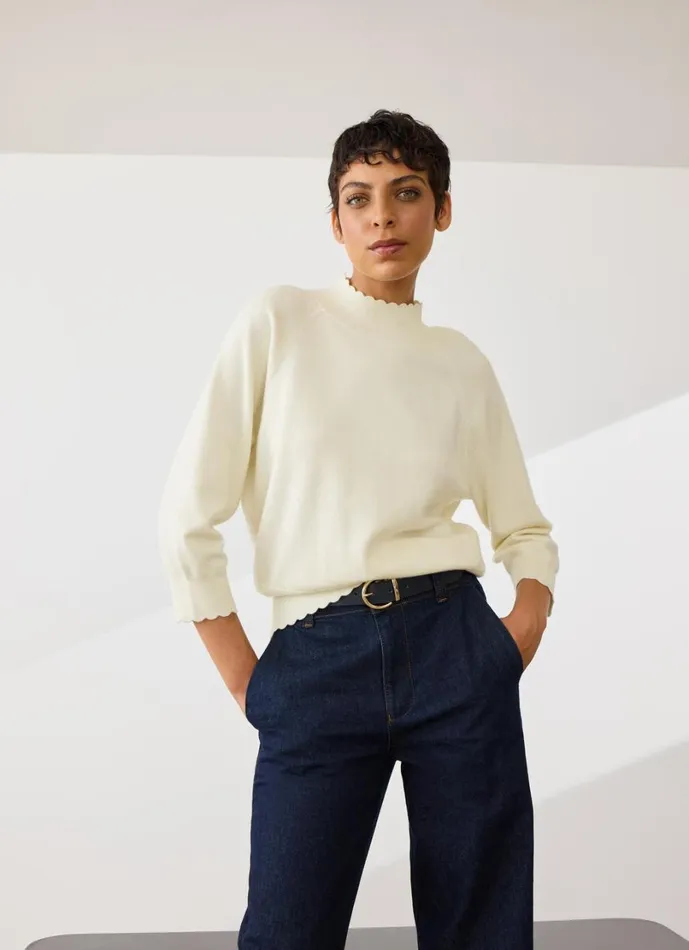 LKBennett Knitwear Women Betty Cream Sustainably Sourced Merino Wool Scallop Edge Jumper