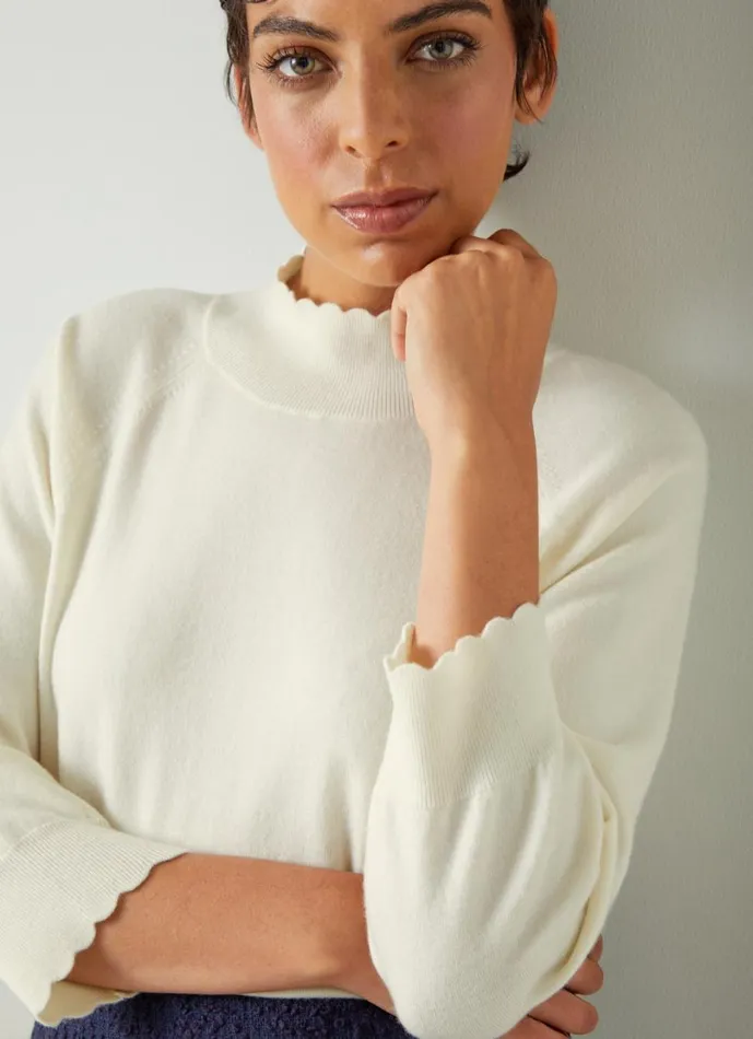 LKBennett Knitwear Women Betty Cream Sustainably Sourced Merino Wool Scallop Edge Jumper