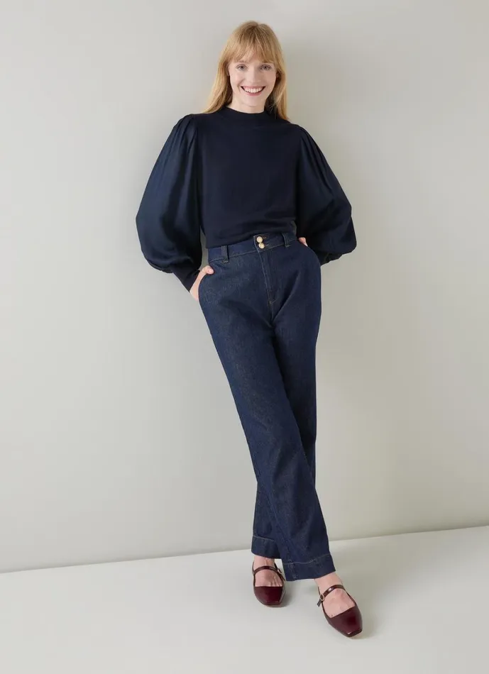 LKBennett Knitwear Women Erica Spring Navy Mixed Media Knitted Top