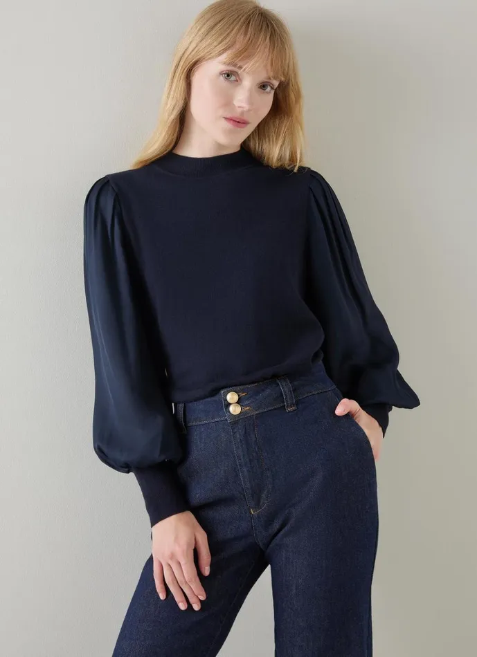 LKBennett Knitwear Women Erica Spring Navy Mixed Media Knitted Top